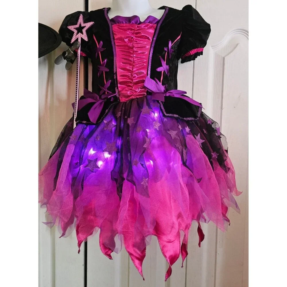 Sparkle Light-Up Witch Costume Girls 4-6 Hat Wand Pretty Pink Purple Sparkly